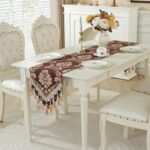 Brown Table Runner Floral Jacquard Damask Dining Table Runner with Multi-Tassels... - Image 2