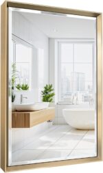 Brushed Gold Bathroom Mirror, 16''x 24'' Beveled Gold Bathroom Vanity Mirror, An... - Image 2