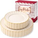 By Madee HEAVYWEIGHT 60 Pc Scalloped Plastic Plates for Party in Ivory and Gold ... - Image 2