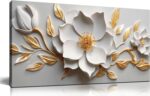 Canvas Wall Art for Living Room Bedroom Office White and Gold Flower Artwork Lar... - Image 2
