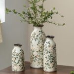 Ceramic Vase Set of 3, Vintage Green & Beige Chinoiserie Floral Vases, Rustic Gr... - Image 2
