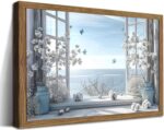 Coastal Flower Bathroom Wall Art, Blue Beach Cotton Canvas Wall Decor Paintings,... - Image 2