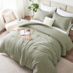 CozyLux King Size Comforter Set, 3 Pieces Heathered Olive Green Soft Luxury Comf... - Image 2