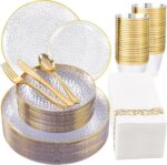 DaYammi 175PCS Clear Gold Plastic Dinnerware Set, Plastic Plates Disposable Hamm... - Image 2
