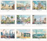 Dazoratix Travel City Wall Art - 9 Pcs Vintage Cityscape Prints Decor Poster Fam... - Image 2