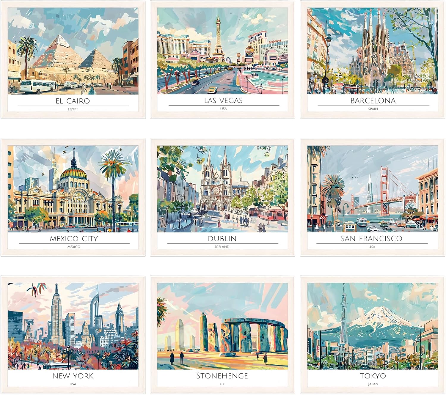 Dazoratix Travel City Wall Art - 9 Pcs Vintage Cityscape Prints Decor Poster Fam... - Image 2