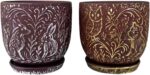Decorative Ceramic Planter Pot with Saucer, Brown with Gold and Silver Owl Patte... - Image 2