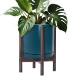 D'vine Dev Ceramic Planter with Walnut Color Stand - 12 Inch Modern Round Flower... - Image 2