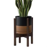 D'vine Dev Ceramic Planter with Walnut Color Stand - 8 Inch Modern Round Flower ... - Image 2