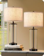 EDISHINE 23.6" Glass Table Lamp Set of 2, DIY Refillable Bedside Lamp with Linen... - Image 2
