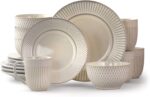 Elama Market Finds 16 Piece Round Stoneware Dinnerware Set in Embossed White - Image 2