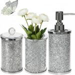 Escenzy Crushed Diamond Glass Bathroom Accessories Set 3 Pcs | Silver Crystal So... - Image 2