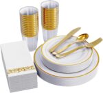 FOCUSLINE 175 Count Gold Dinnerware Set for 25 Guests - Gold Rimmed White Dispos... - Image 2