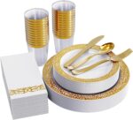 FOCUSLINE 175 Ct Gold Dinnerware Set for 25 Guests, Plastic Plates with Gold Lac... - Image 2