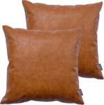 Faux Leather Throw Pillow Covers, 18 x 18 inch Set of 2 Thick Cognac Brown Moder... - Image 2