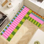 Fchen art Set of 2 Luxury Rugs: Pink Water Wave Stripe & Green Pink Buffalo Plai... - Image 2
