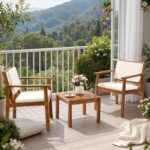 Flamaker Patio Chairs 3 Piece Acacia Wood Patio Furniture with Coffee Table & Cu... - Image 2
