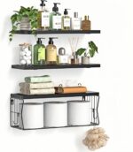 Floating Bathroom Shelves Wall Mounted - Wooden Shelf Set of 3 for Over Toilet S... - Image 2