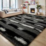 Fluffy Area Rugs for Bedroom Living Room, 4x6 Black and Grey Soft Plush Striped ... - Image 2