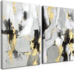 Framed Abstract Black Gold Wall Art Set of 2, Modern Black White Gold Canvas Pri... - Image 2