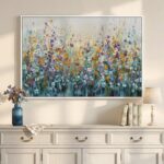 Framed Abstract Floral Wall Art, Blue Purple Green Flower Landscape Canvas Paint... - Image 2