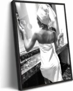 Framed Black and White Bathroom Canvas Wall Art, Bath Towel Woman with Wine Pain... - Image 2