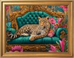Framed Cheetah Lying on Ornate Sofa Wall Art Canvas Print Colorful Maximalist Le... - Image 2
