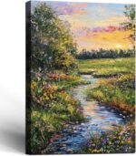 Framed Impressionist Landscape Wall Art Canvas Oil Painting Stream and Wildflowe... - Image 2