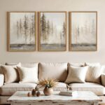 Framed Neutral Pine Tree 3 Piece Wall Art for Living Room, Abstract Modern Lands... - Image 2