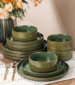 GBHOME Stoneware Dinnerware Sets for 4, 12 Pieces Ceramic Ribbed Plates and Bowl... - Image 2