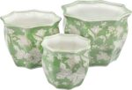 Galt International Green & White Round Fluted Floral Porcelain Ceramic Plant Flo... - Image 2