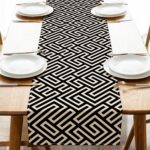 Geometric Dining Table Runner, Black Beige Greek Key Modern Art Burlap Kitchen D... - Image 2