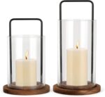 Glass Hurricane Candle Holder with Metal Handle and Wooden Base, Modern Home Dec... - Image 2