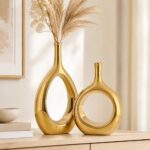 Glossy Gold Ceramic Vase Set 2,Modern Hollow Circle with Hole Flower Vase for Ho... - Image 2