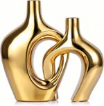 Gold Hollow Ceramic Vases Set of 2 - Modern Nordic Boho ins Style Decor Vases, P... - Image 2