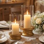 Gold Hurricane Candle Holders Set of 2 with Glass - Modern Pillar Candle Stands ... - Image 2