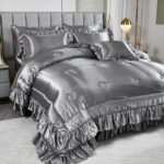 Grey Satin Queen Comforter Set with Sheets,Silk Like Satin Ruffle Duvet Set,Silk... - Image 2