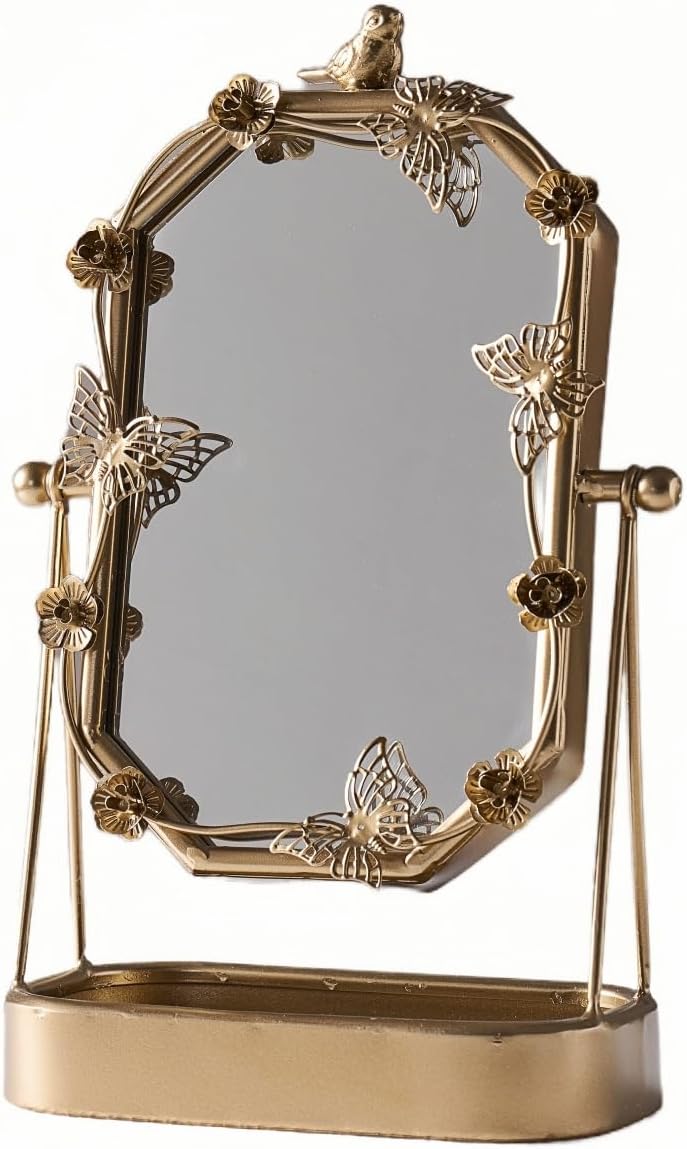 HSDDHOME Vintage Gold Tabletop Makeup Mirror, Bird & Butterfly Decorative Vanity... - Image 2