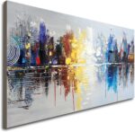 Hand Painted Cityscape Modern Oil Painting on Canvas Reflection Abstract Wall Ar... - Image 2