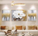 Hand-Painted Floral Canvas Oil Painting for Living Room,Framed 3D Gold and White... - Image 2