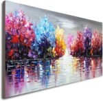 Hand Painted Lake Landscape Canvas Wall Art with Colorful Tree Thick Texture Oil... - Image 2
