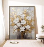 Hand-Painted White and Gold Flowers Oil Painting On Canvas for Living Room,Large... - Image 2