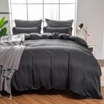 Hotel Duvet Cover Set Queen Size Black Microfiber Satin Striped Hotel Luxury Com... - Image 2