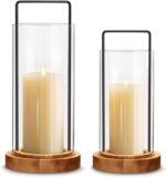 Houmury Set of 2 Hurricane Candle Holders Lantern 12” & 10”with Wood Base Metal ... - Image 2