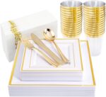 I00000 175PCS Gold Plastic Dinnerware Set, Includes 25 Dinner & Salad Plates, 25... - Image 2