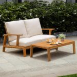 Idzo Jasper Solid Acacia Wood Loveseat Patio Set with Beige Cushions & Coffee Ta... - Image 2