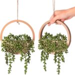 JUSTOYOU 2pcs Fake Hanging Plants Artificial Succulents Wooden Hanging Planter A... - Image 2