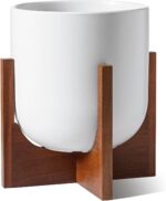 LE TAUCI 10 Inch Plant Pot with Acacia Wood Stand, Ceramic Planters for Indoor P... - Image 2