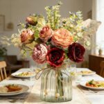 LESING Fake Artificial Flowers with Vase Faux Silk Flower Bouquet in Glass Vase ... - Image 2