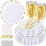 LIYH 350 Pcs White and Gold Plastic Plates - Elegant Disposable Gold Plastic Din... - Image 2